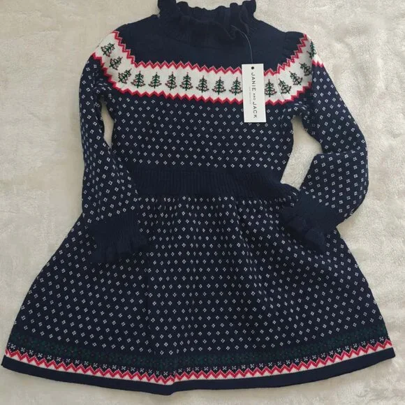 New Janie & Jack Navy Blue Patterned Fair Isle Sweater Dress. - Picture 3 of 6